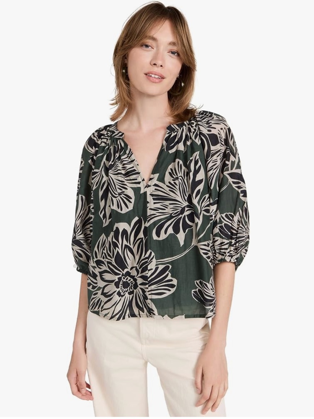 Velvet by Graham & Spencer Olive and Cream Floral Peasant Blouse